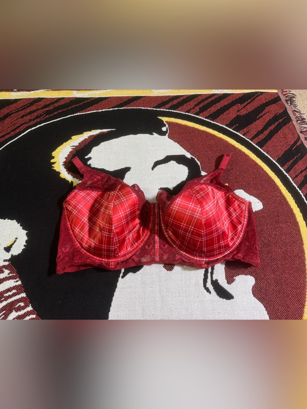 Adore Me Red Plaid Lace Underwire Bra with Burgundy Accents
